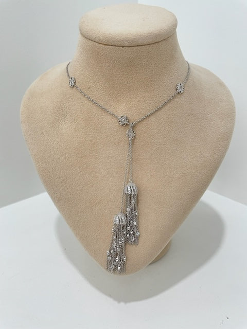 Gray Cubic Zirconia Flower Station Lariat Tassel Necklace Sterling Silver Adjustable