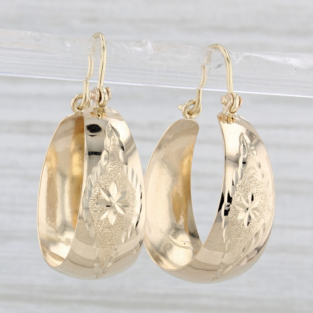 Light Gray Textured Round Hoop Earrings 14k Yellow Gold Drop Hoops