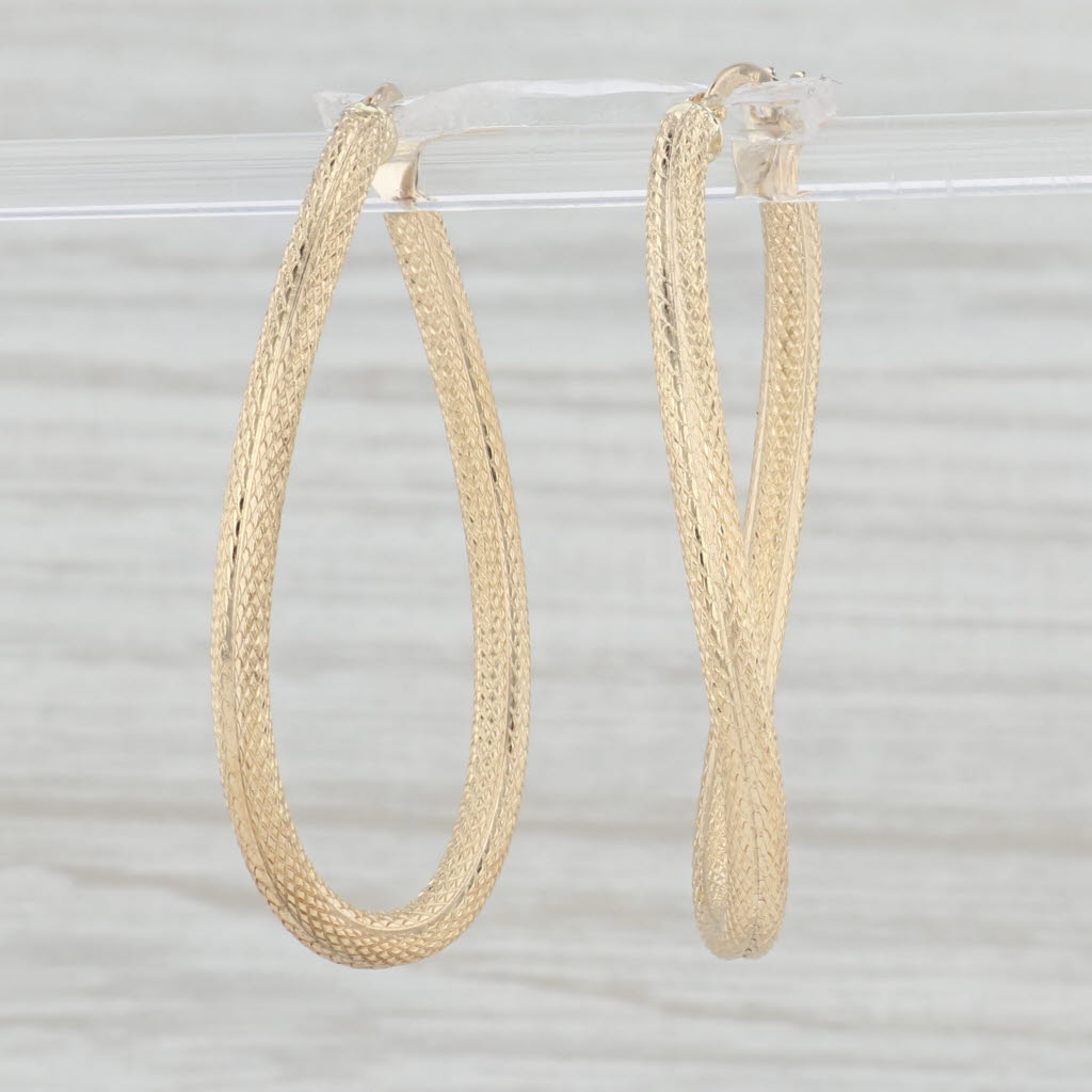Light Gray Rope Etched Oval Hoop Earrings 14k Yellow Gold Snap Top Hoops