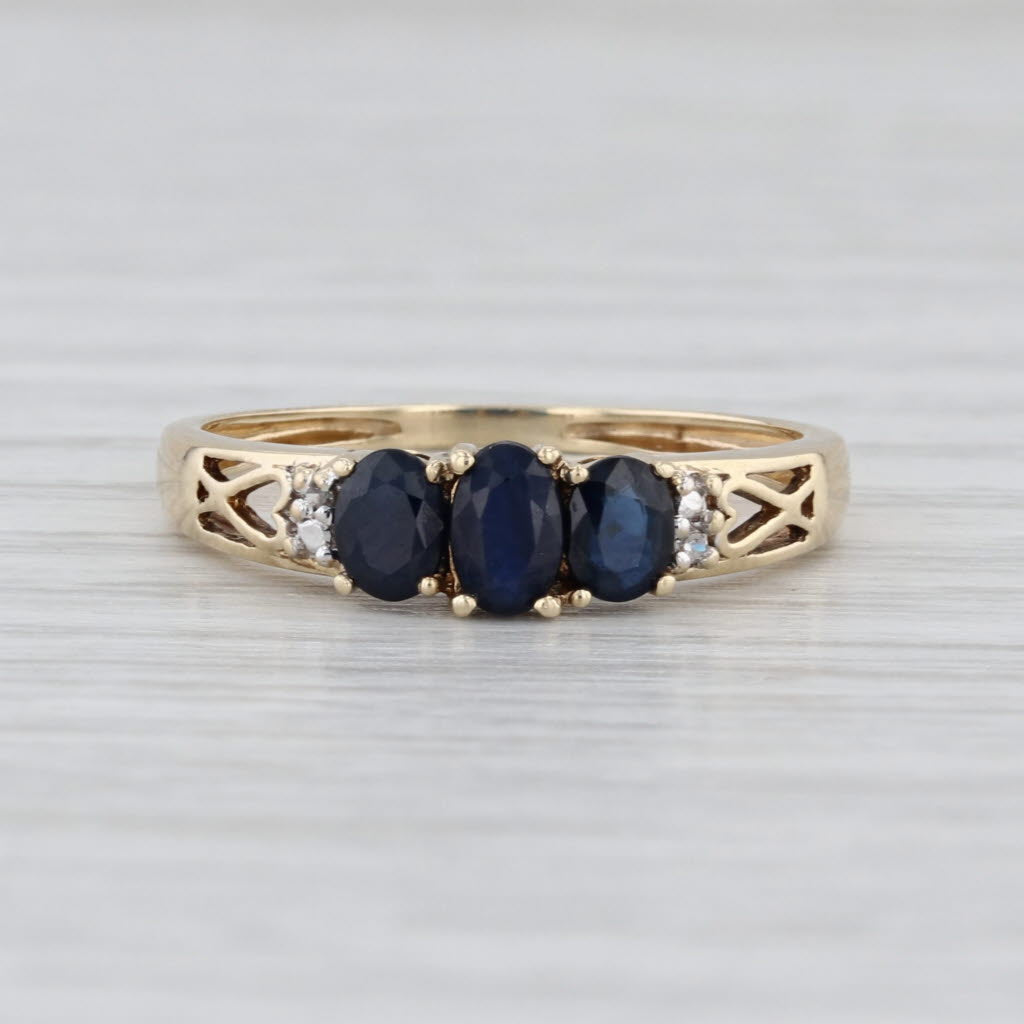 0.91ctw Blue Sapphire 3-Stone Ring 10k Gold Size 7 Diamond Accents Stackable