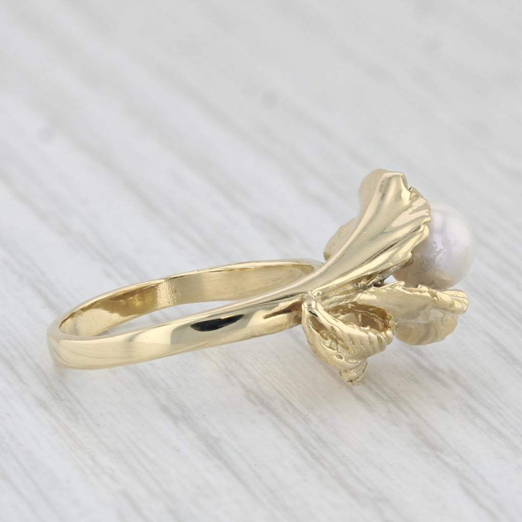 Light Gray Akoya Pearl Lily Flower Ring 18k Yellow Gold Size 5.75