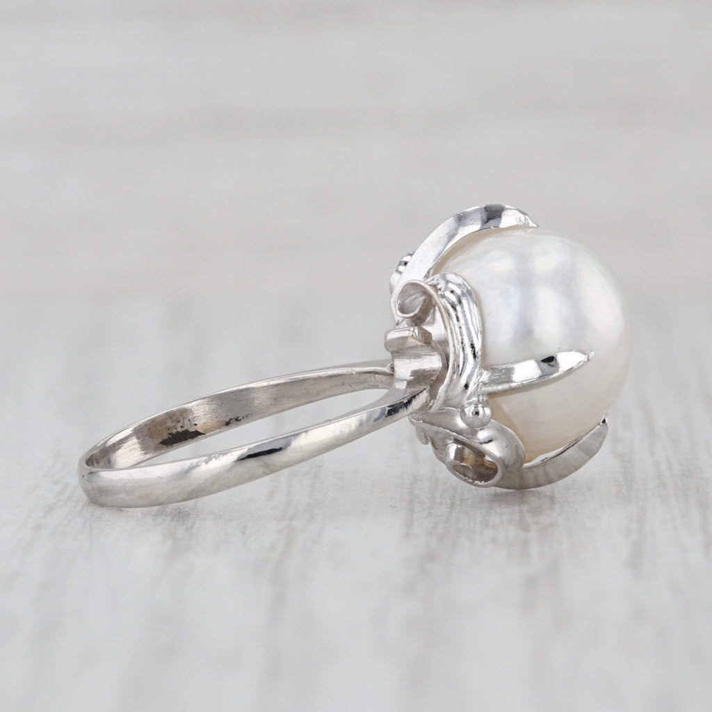 12mm Cultured Pearl Solitaire Ring 14k White Gold Size 6.75 Ornate Setting