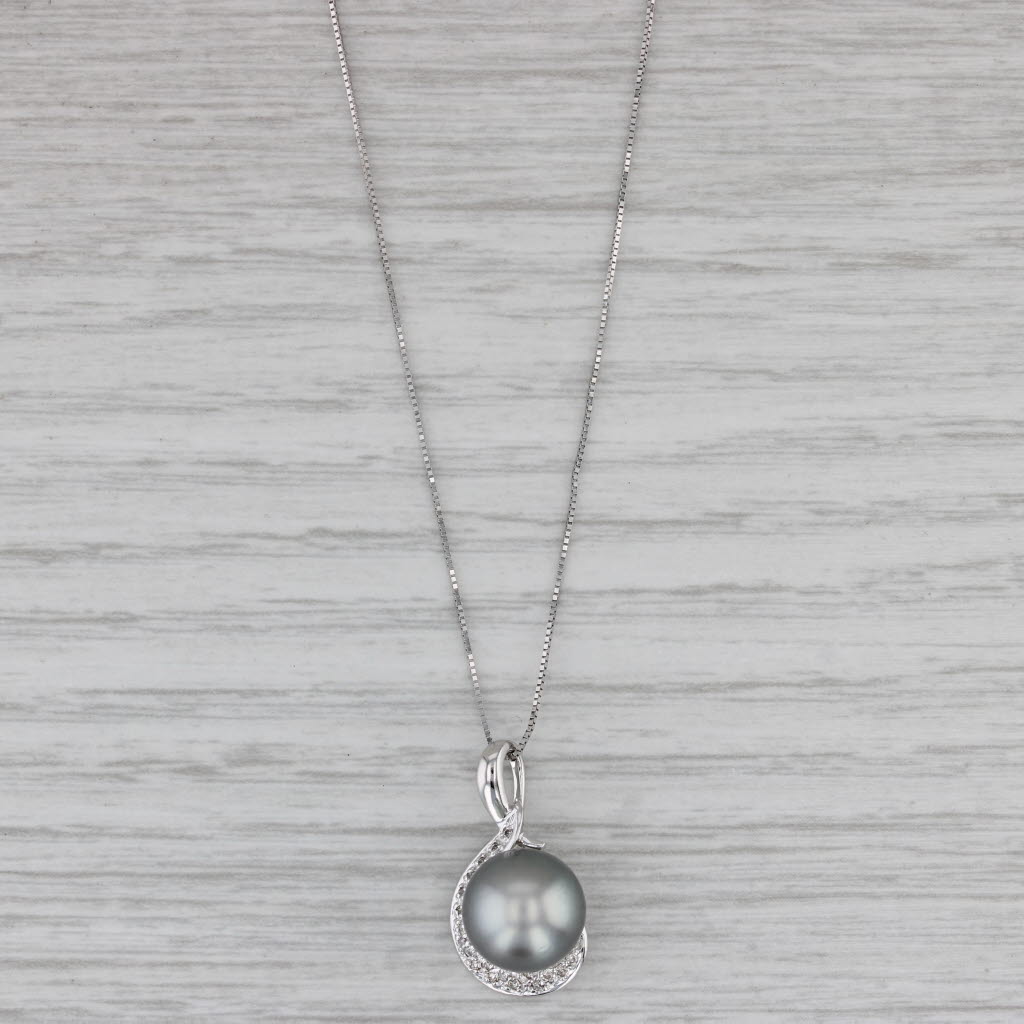 Gray Grey Cultured Pearl Diamond Pendant Necklace 14k White Gold 18.25" Box Chain