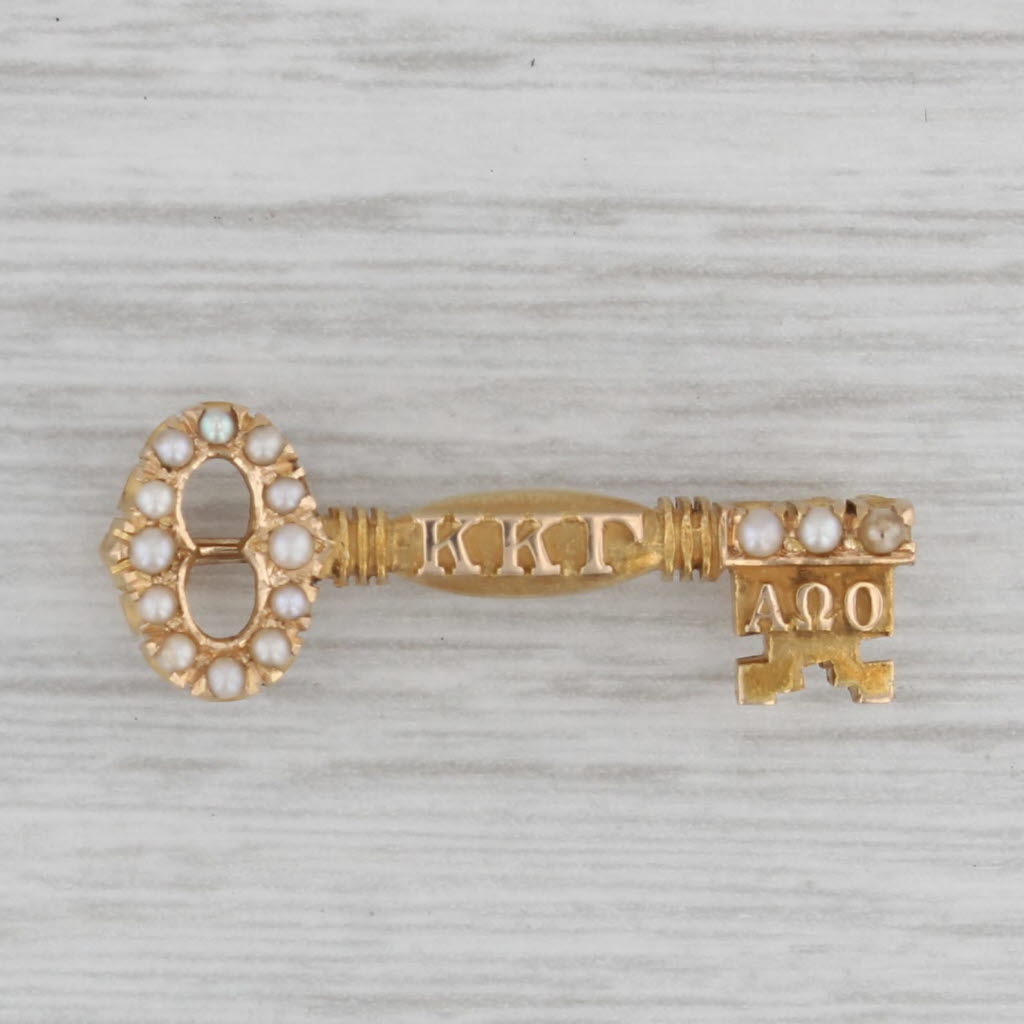 Gray Kappa Kappa Gamma Fraternity Key Badge 18k Gold Pearl Vintage Greek Pin