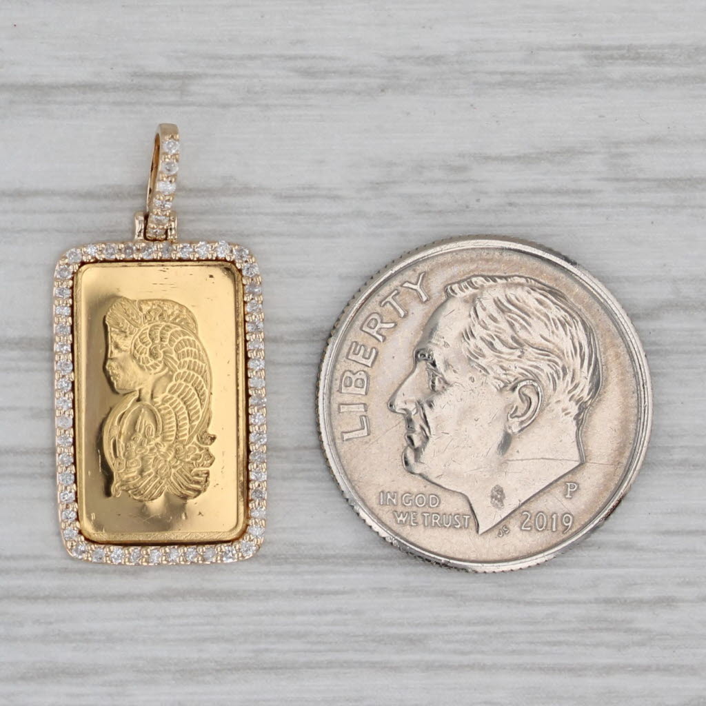 Gray New Diamond Halo Fortuna Pamp Gold Bar Pendant 1 Gram 999 and 14k Yellow Gold