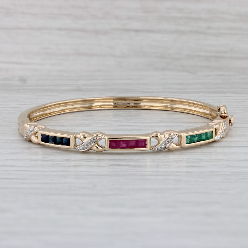 Gray 1.12ctw Gemstone Bangle Bracelet 14k Gold Emerald Ruby Sapphire Diamond 6.25"