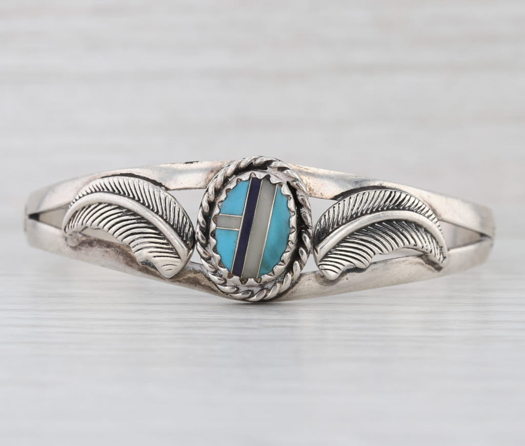 Turquoise Onyx Mosaic Cuff Bracelet Sterling Silver Arrow Hallmark Taxco Mexico