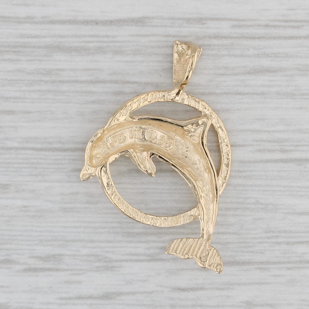 Gray Dolphin Hoop Pendant 14k Yellow Gold Nautical Jewelry