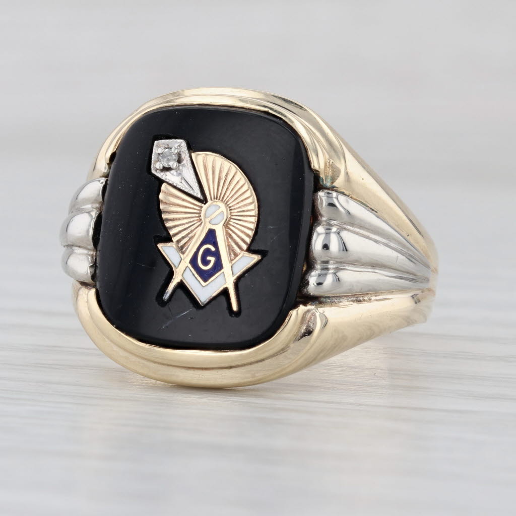 Masonic Signet Onyx Diamond Ring 10k Gold Size 9.75 Blue Lodge Square Compass