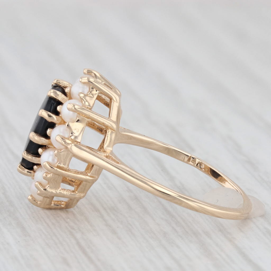 Light Gray Pear Onyx Pearl Halo Ring 14k Yellow Gold Size 5.5