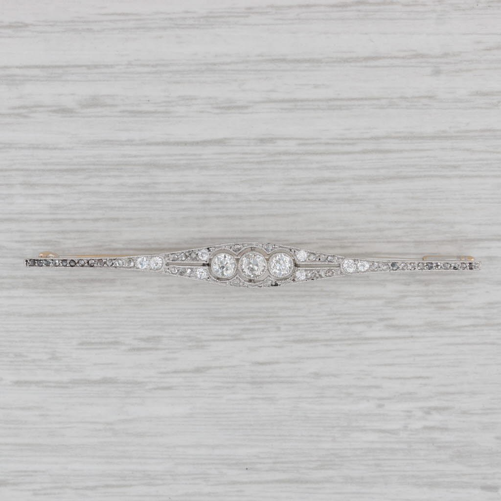 Gray 0.72ctw Old European Diamond Bar Pin Platinum 14k Gold Vintage Brooch
