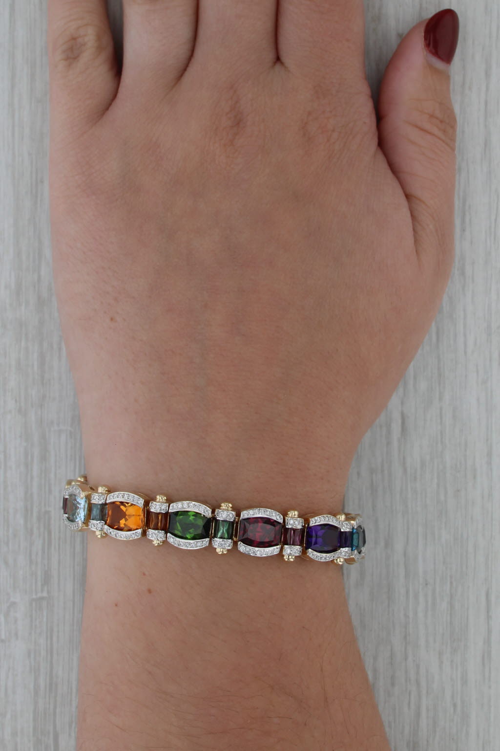 26.98ctw Gemstone Tennis Bracelet 14k Gold Peridot Citrine Topaz Amethyst Aqua