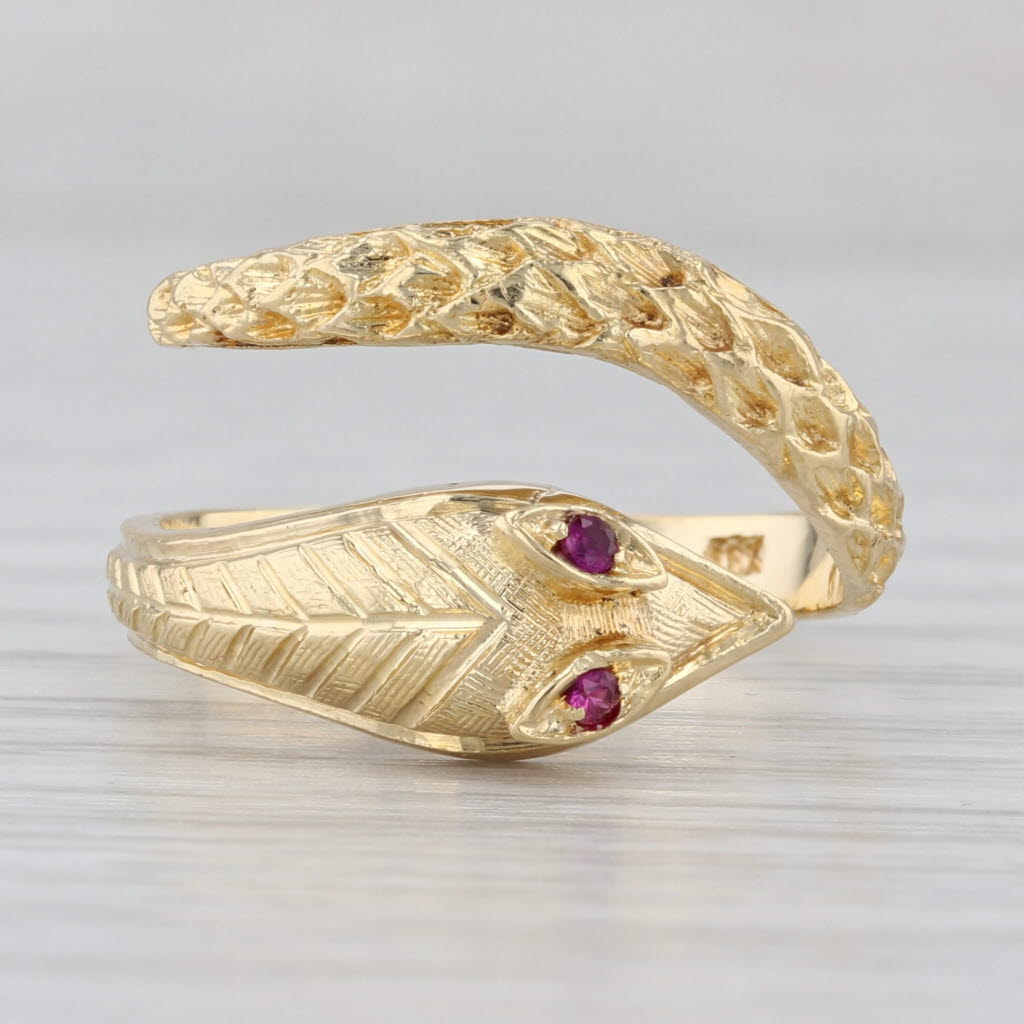 Vintage Lab Created Ruby Eyed Coiled Snake Ring 18k Gold Adjustable Size 6.5