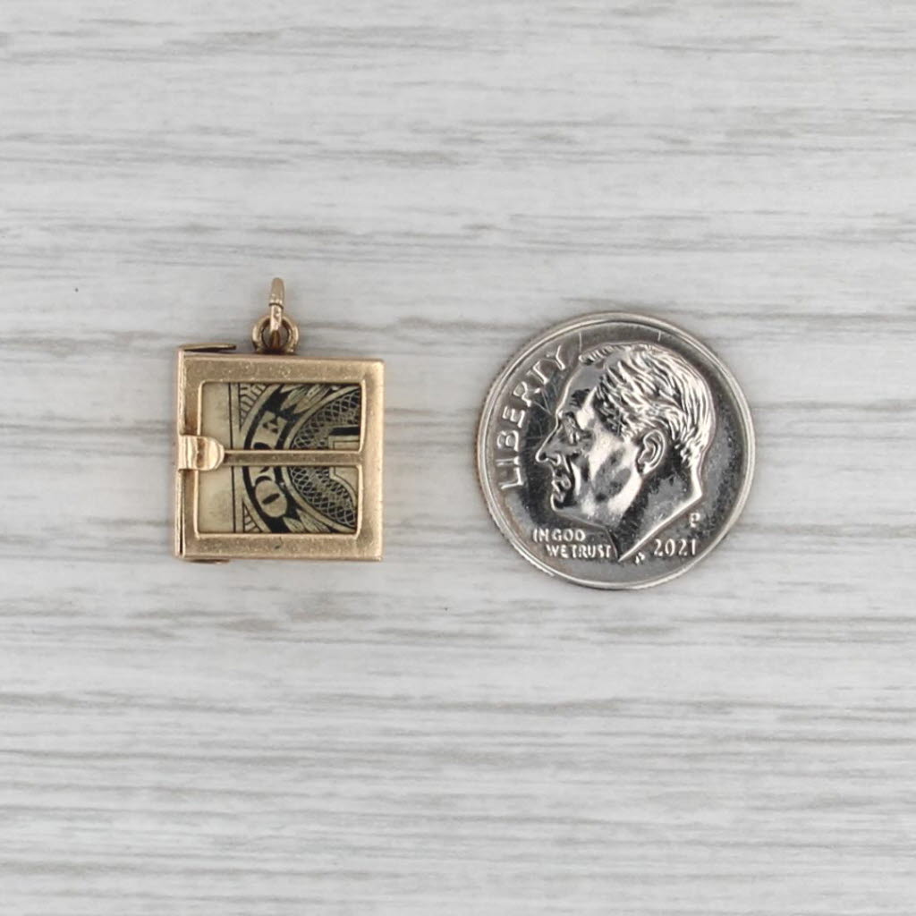 Vintage Emergency Money Dollar Bill in Box Charm 14k Yellow Gold Pendant