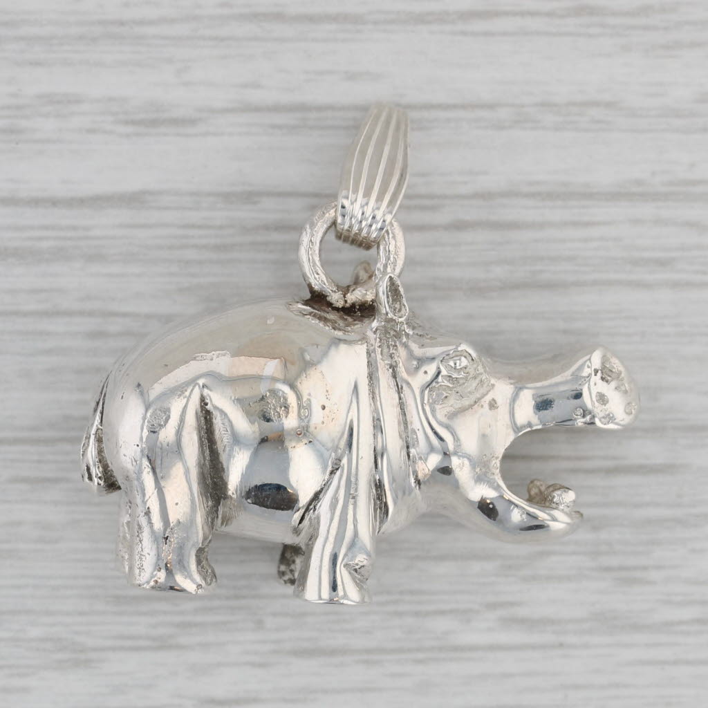 Gray Vintage Hippo Figurine Pendant Sterling Silver 925 3D Charm