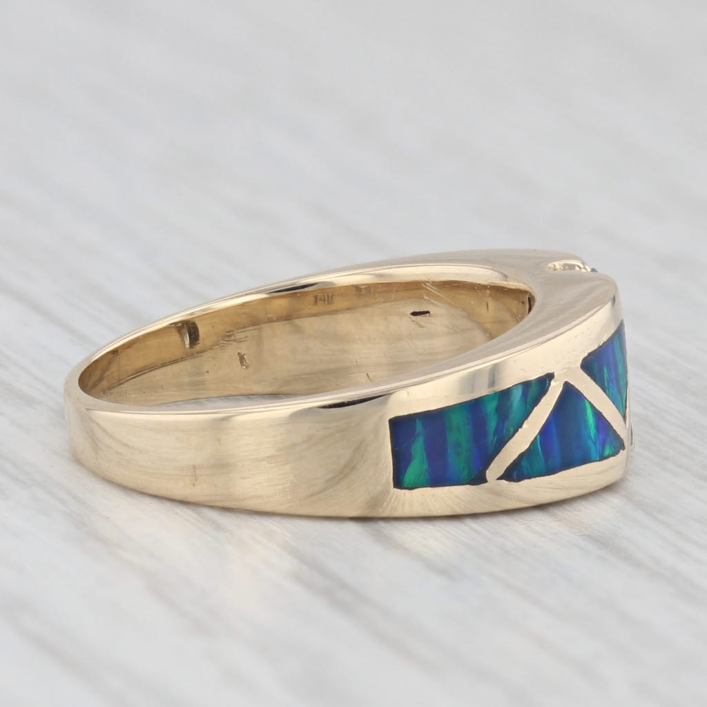 Light Gray Lab Created Blue Green Opal Mosaic Diamond Ring 14k Yellow Gold Size 6.25