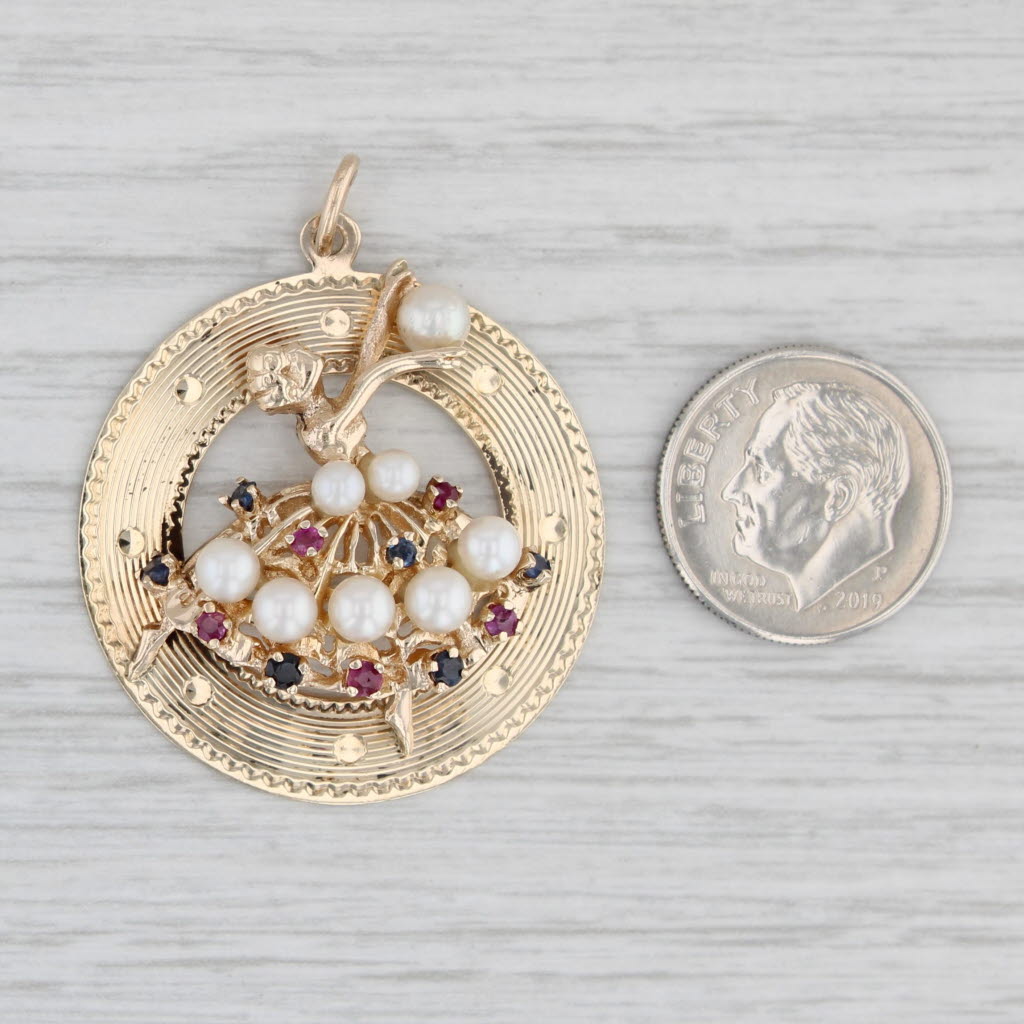 Light Gray Vintage Gemstone Ballet Dancer Pendant 14k Gold Cultured Pearl Ruby Sapphire