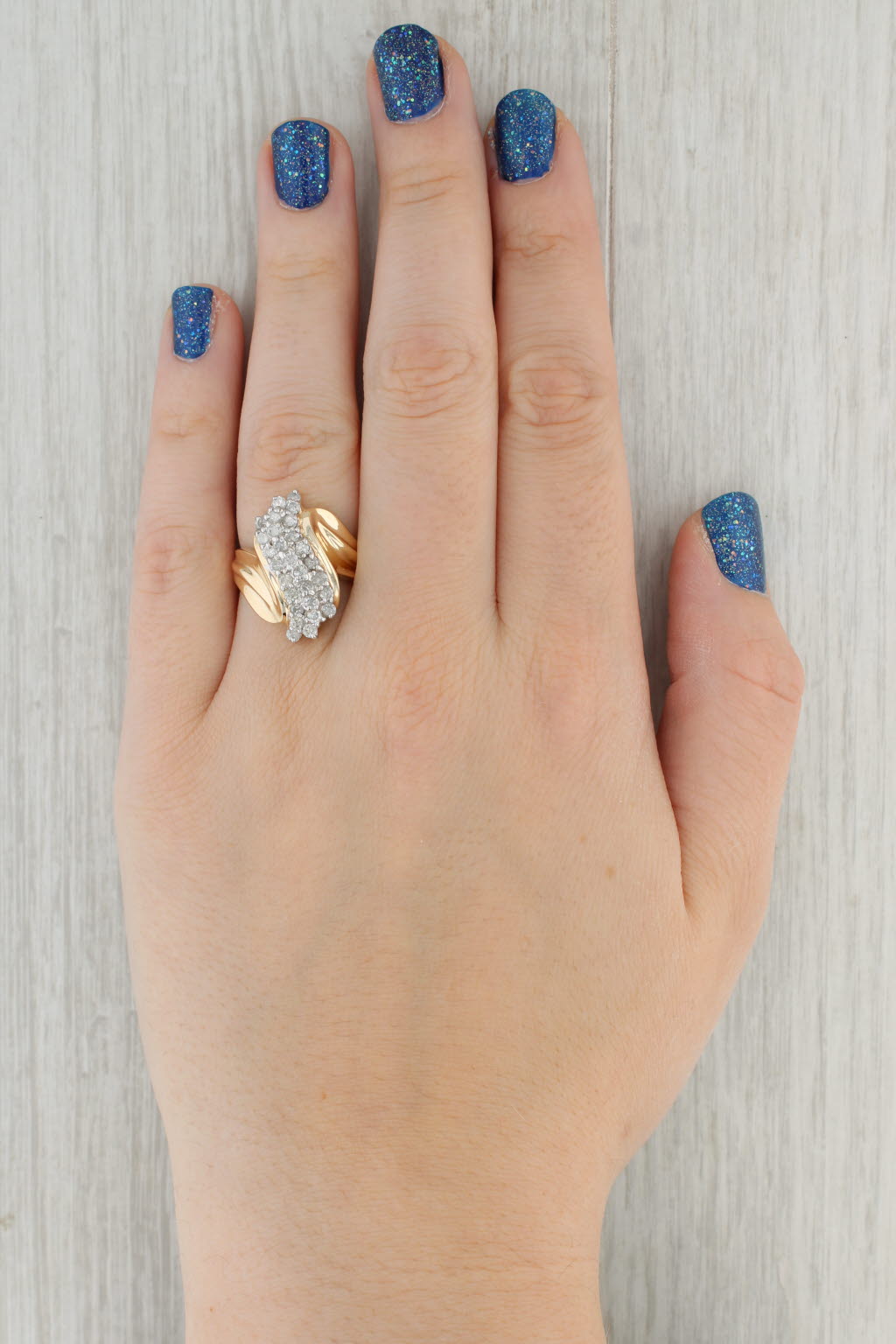 Tan 0.78ctw Diamond Cluster Bypass Ring 10k Yellow Gold Size 7.25 Cocktail