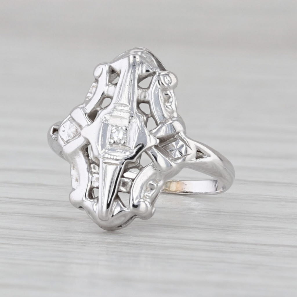 Vintage Diamond Solitaire Ring 14k White Gold Small Size 3