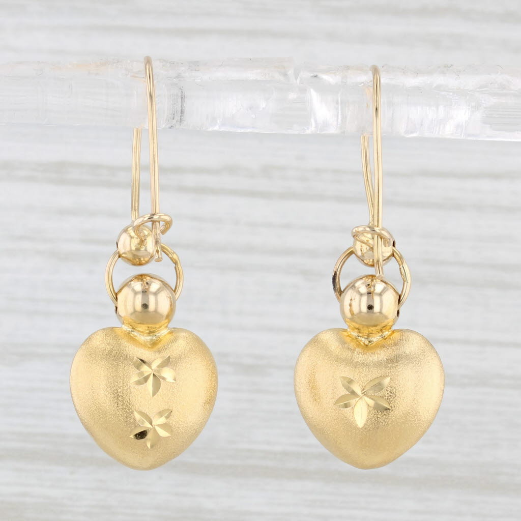 Light Gray Brushed Floral Heart Dangle Earrings 14k Yellow Gold Pierced Drops