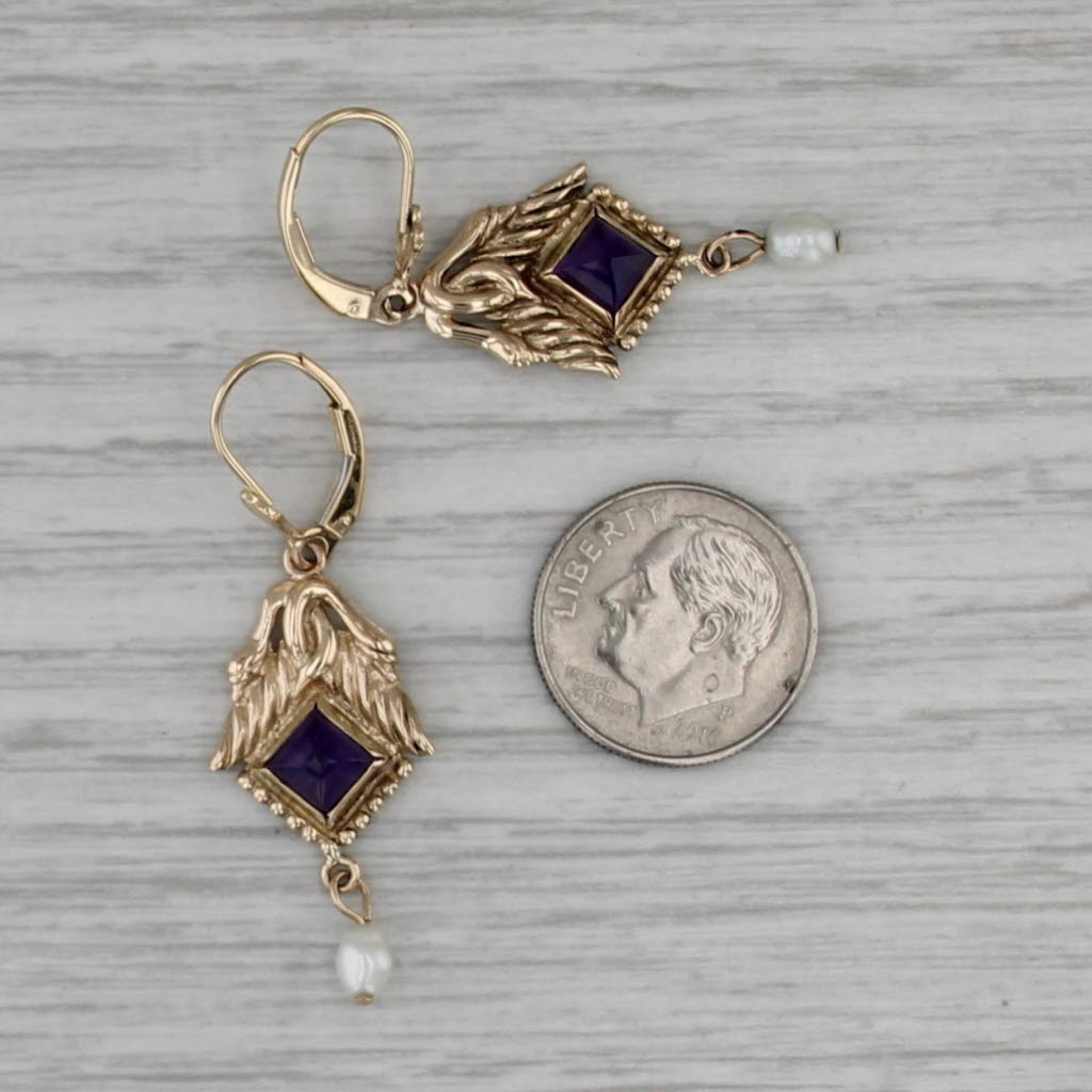 Ornate Amethyst Cultured Pearl Dangle Earrings 14k Yellow Gold Hook Post Drops