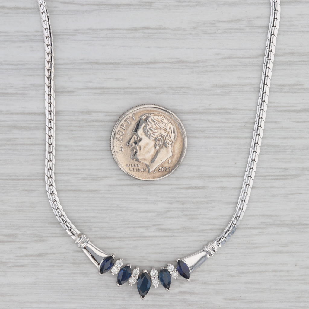 Gray 1.34ctw Blue Sapphire Diamond Necklace 14 White Gold 16.75" Herringbone Chain