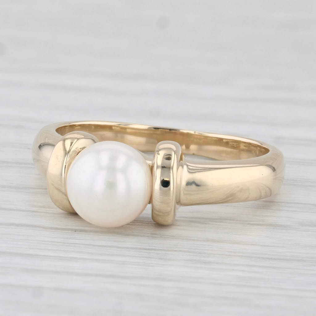 Light Gray Cultured Pearl Solitaire Ring 14k Yellow Gold Size 7.5