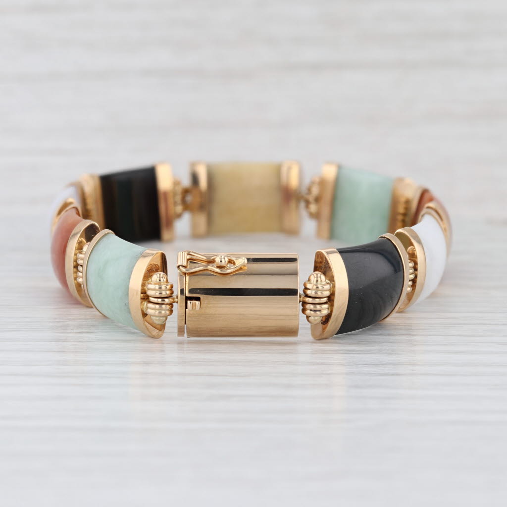 Multicolor Nephrite Jadeite Jade Link Bracelet 14k Yellow Gold 7.75" 11.3mm