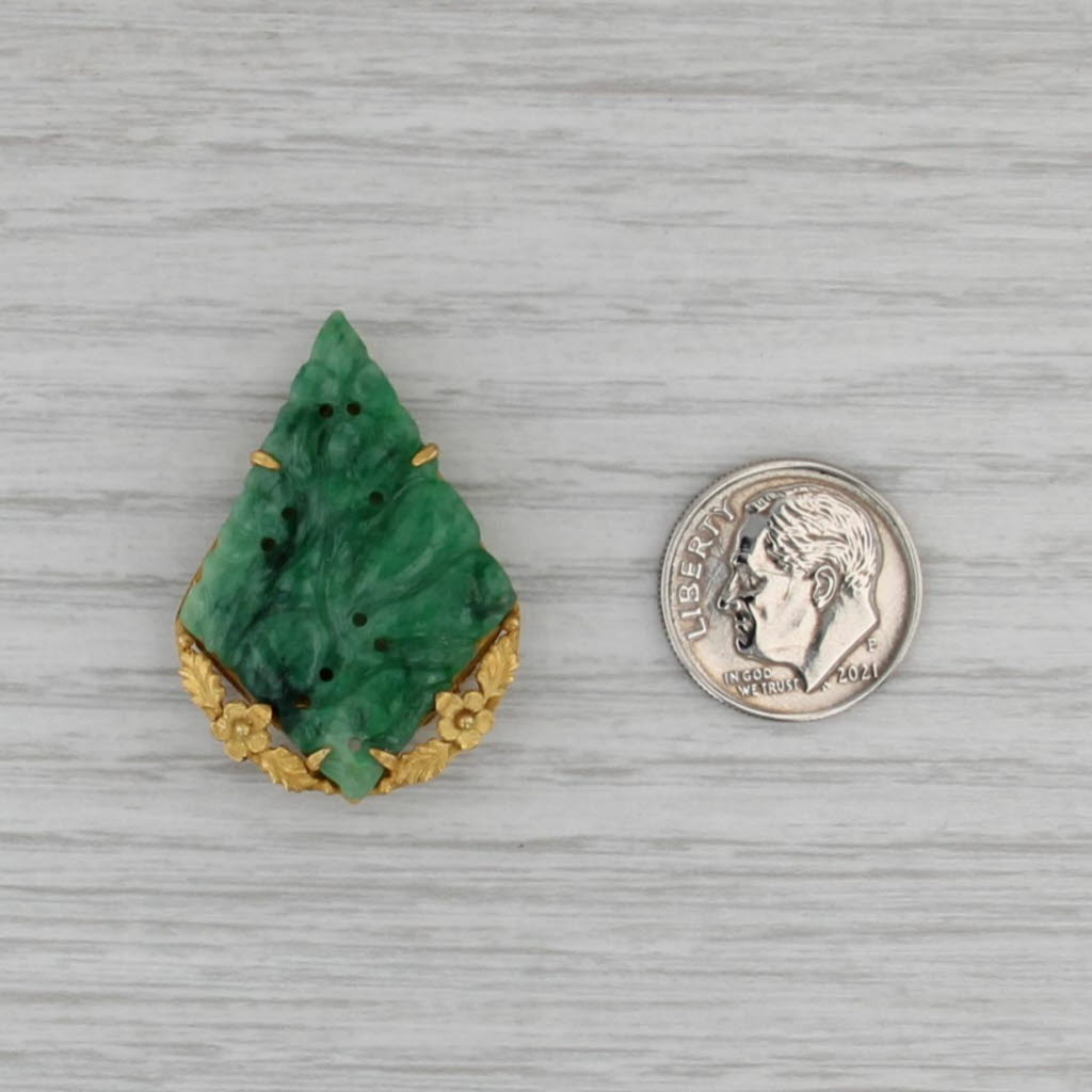 Antique Green Floral Carved Jadeite Jade Pendant Brooch 14k Gold Clip Back