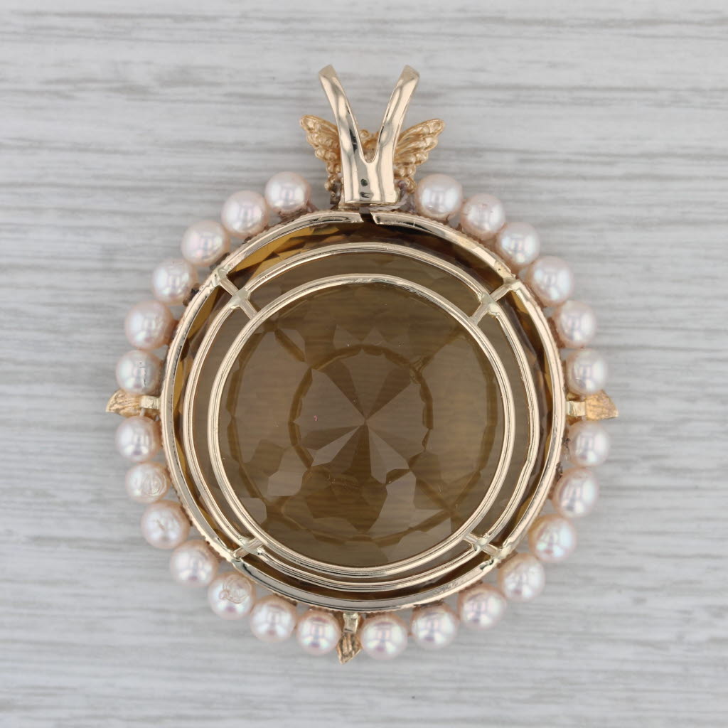Gray Large 107ct Citrine Pearl Halo Butterfly Pendant 14k Yellow Gold Statement