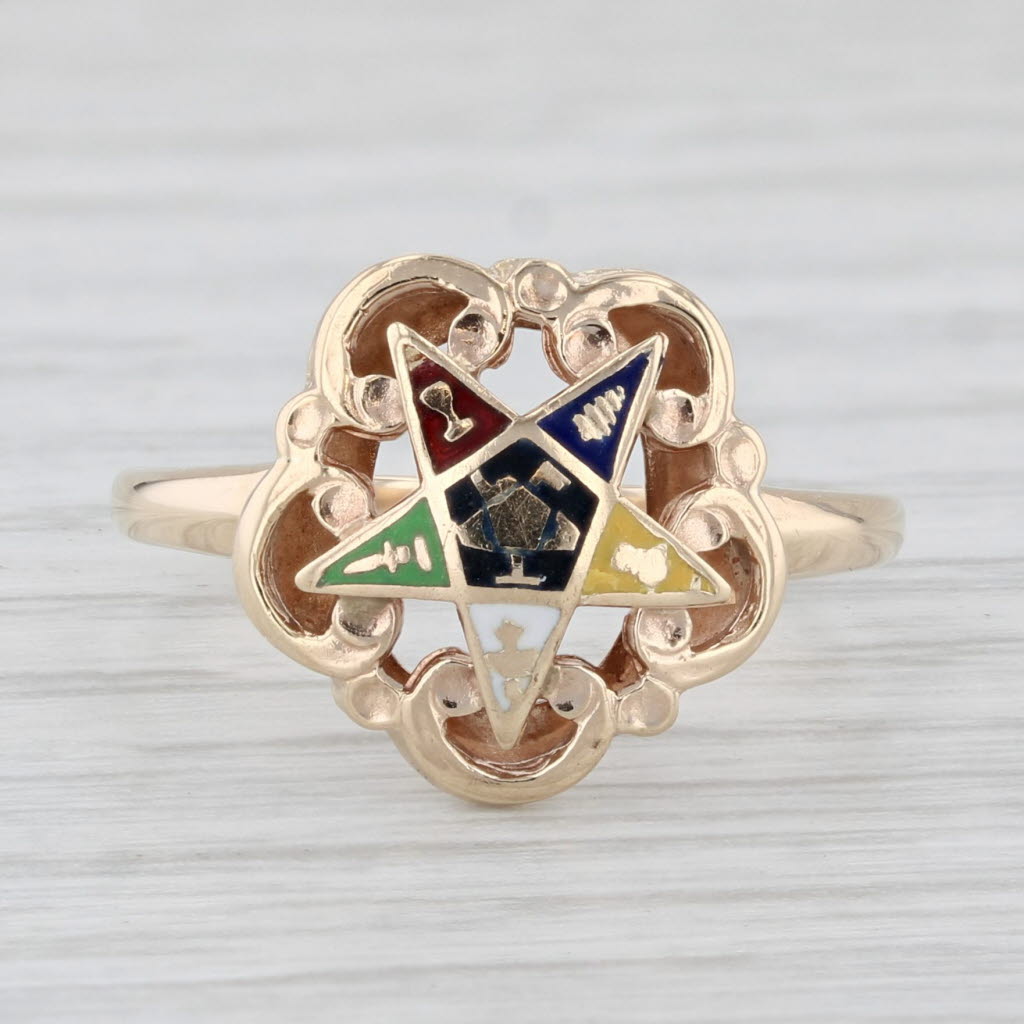 Light Gray Vintage Order Eastern Star Ring 10k Yellow Gold Size 6.5 Masonic Women PSCo