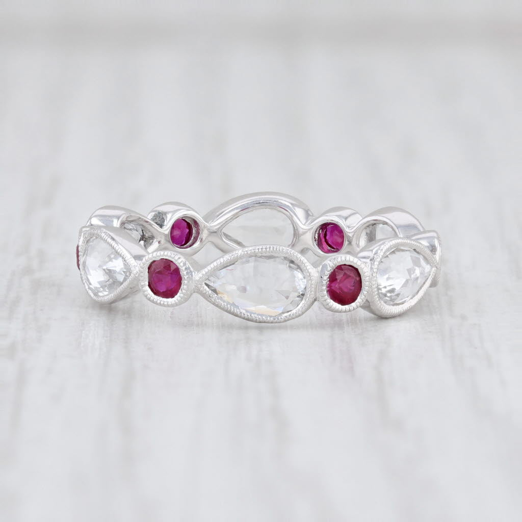 New Beverley K Red Ruby White Sapphire Stackable Ring 14k Gold Eternity Band 6.5