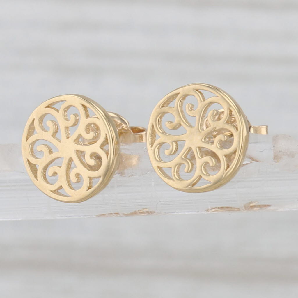 Ornate Flower Stud Earrings 18k Yellow Gold Small Round Studs