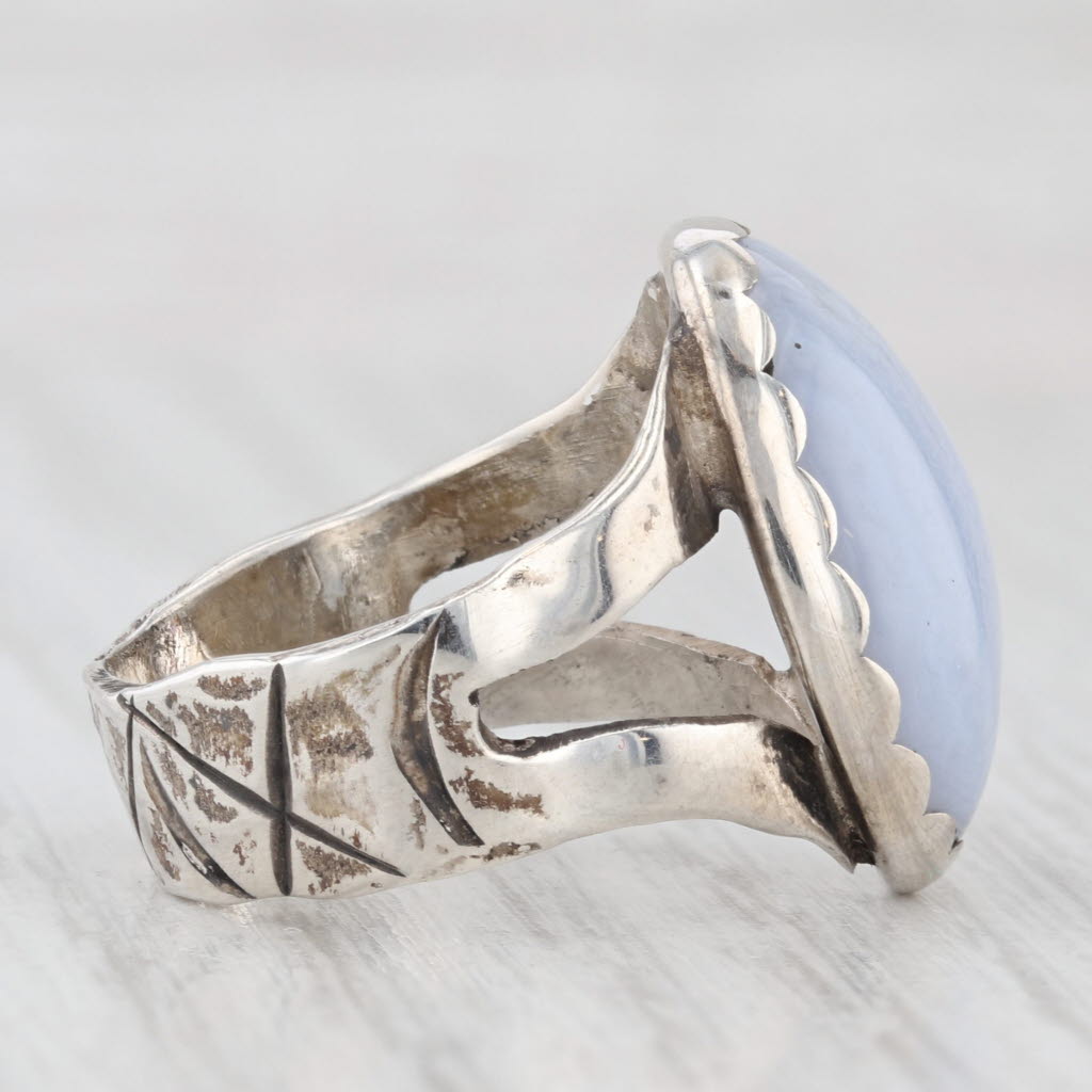 Light Gray Blue Lace Agate Oval Cabochon Solitaire Ring Sterling Silver Size 6.25 Handmade