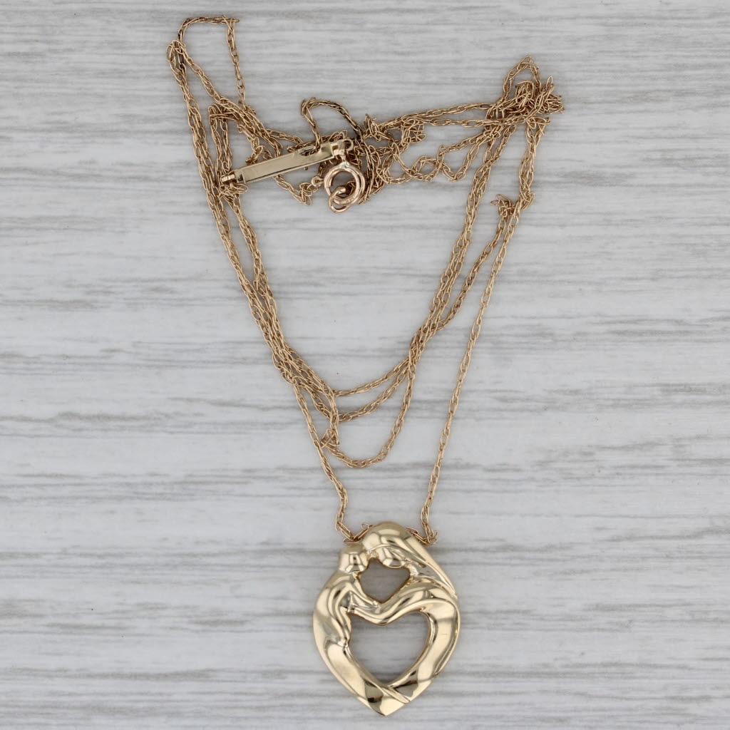 Mother & Child Heart Pendant Necklace 14k Yellow Gold 26.75" Fine Rope Chain