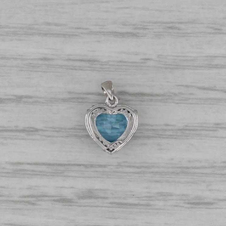 1.57ct Blue Topaz Heart Diamond Halo Pendant 10k White Gold Small Drop