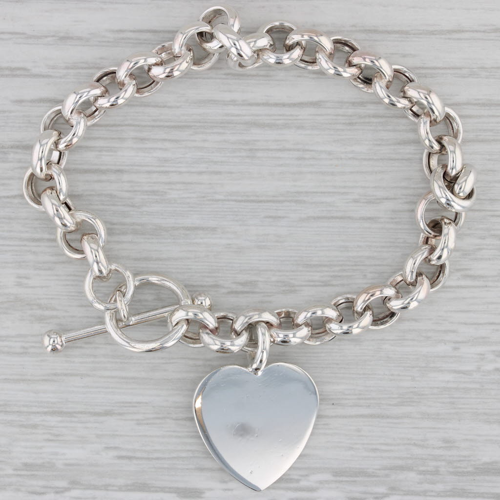 Gray Engravable Heart ID Charm Bracelet Sterling Silver 7" Cable Chain Toggle Clasp