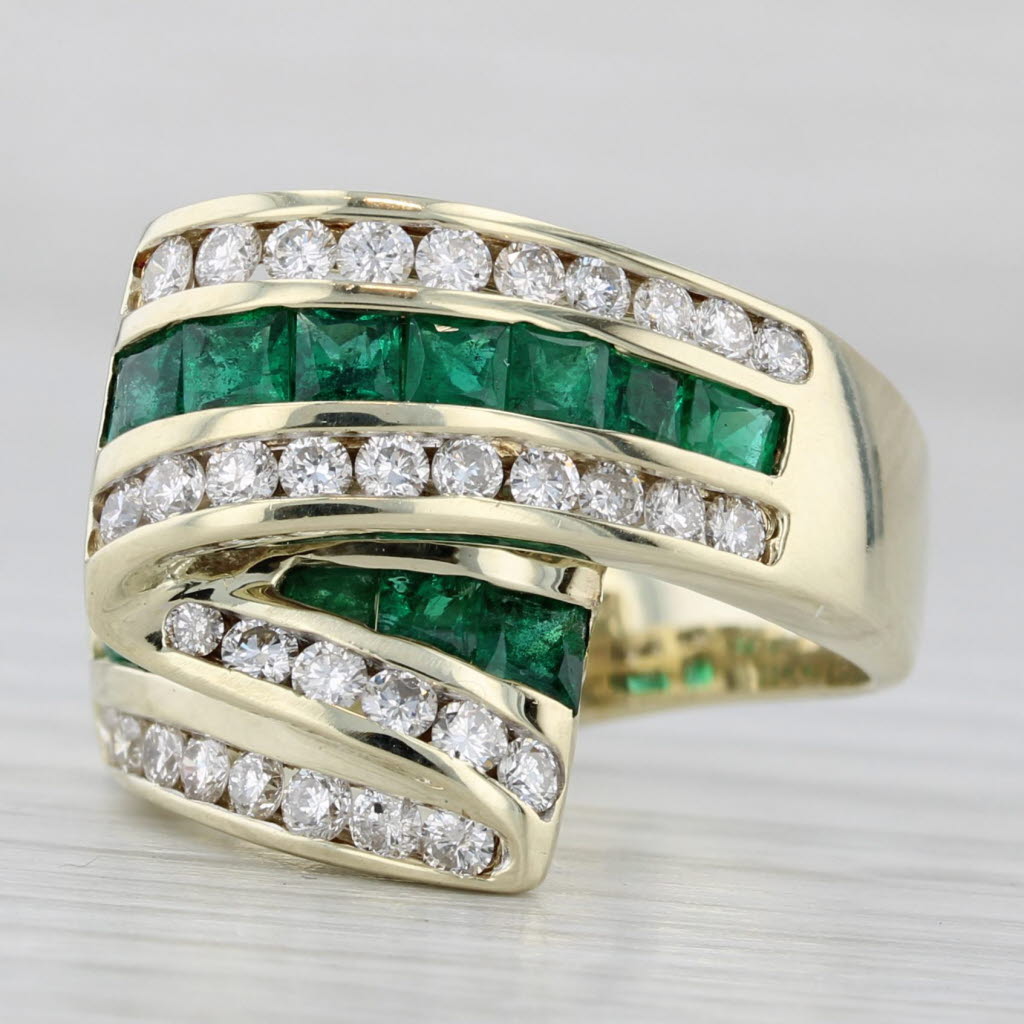 Light Gray 2.39ctw Emerald Diamond Bypass Cocktail Ring 14k Yellow Gold Size 6