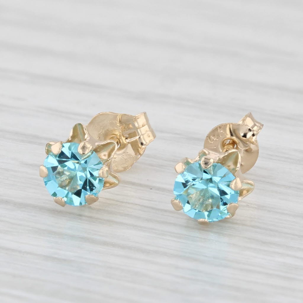 Light Gray Light Blue Glass Imitation Topaz Stud Earrings 14k Yellow Gold Studs