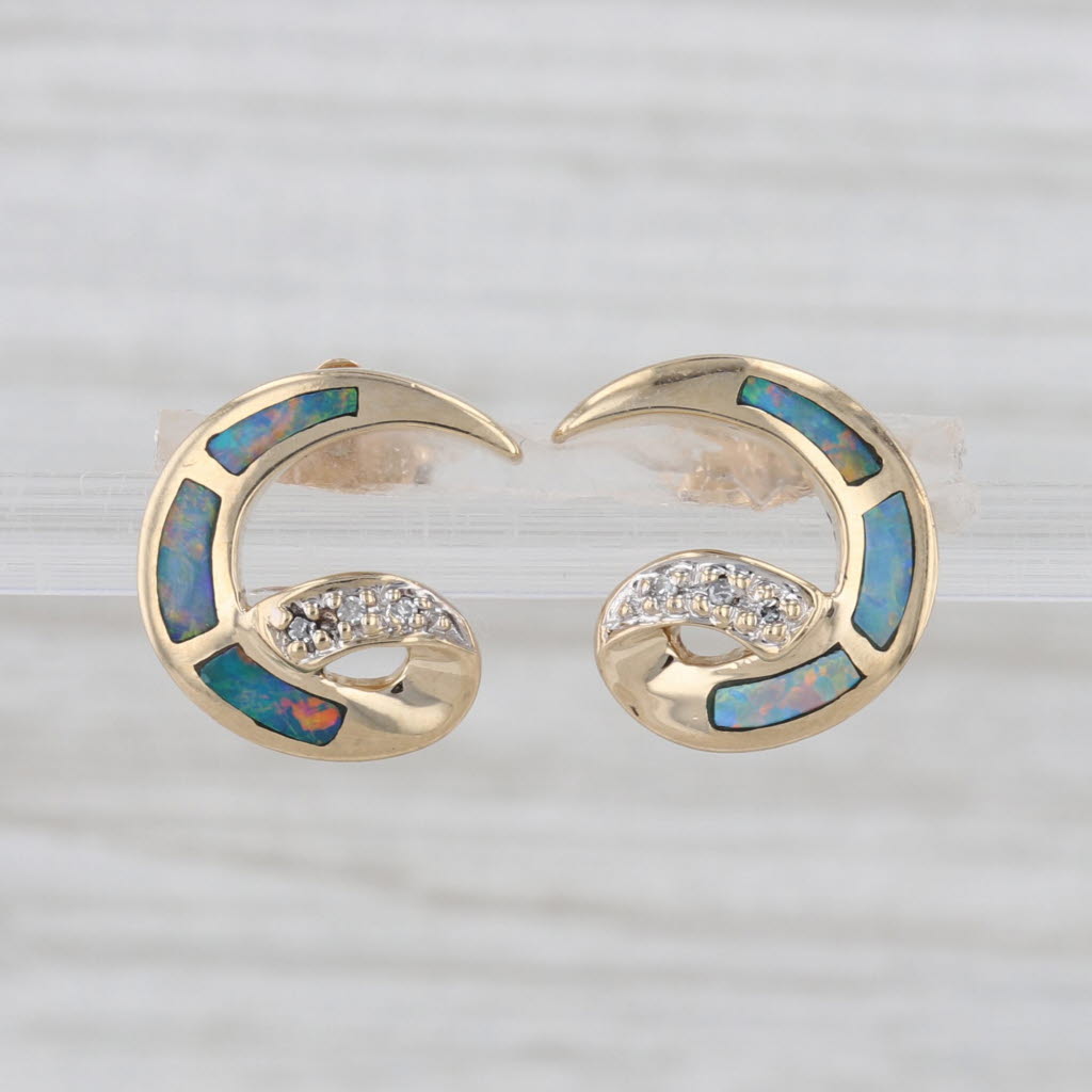Opal Diamond Swirl Stud Earrings 14k Yellow Gold Studs