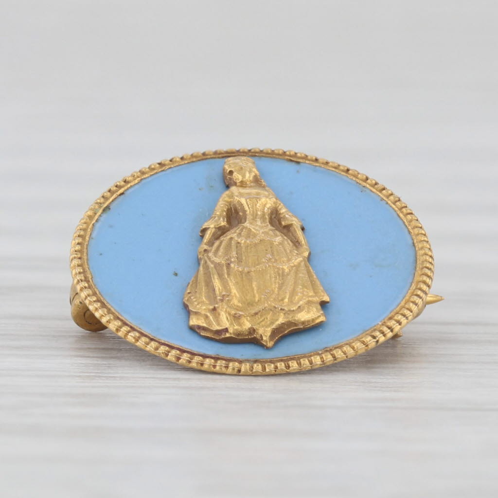 Light Gray Colonial Dames Pin 14k Gold Blue Enamel Figural Member Lapel