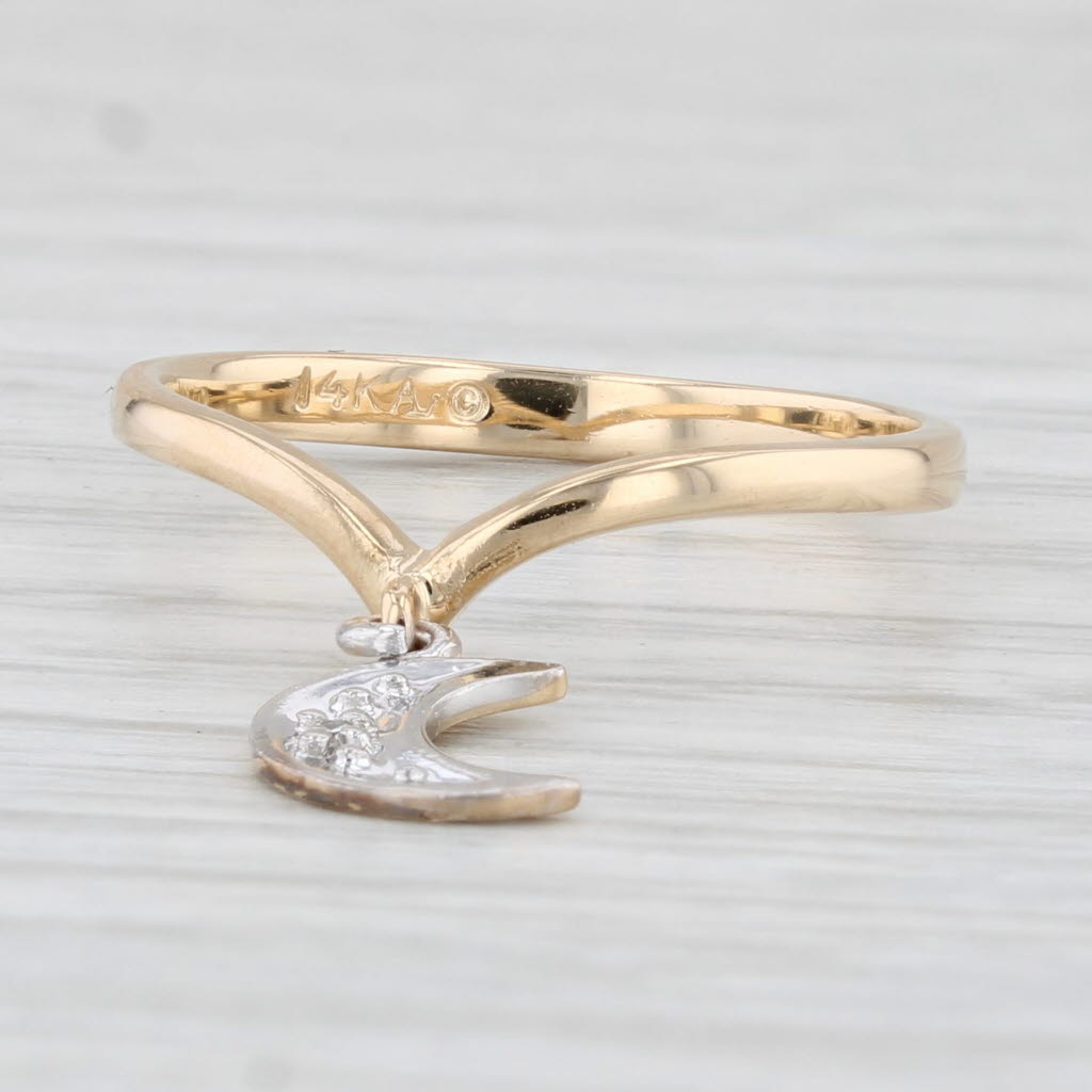 Light Gray Diamond Accented Crescent Moon Charm Ring 14k Yellow White Gold Size 6.5