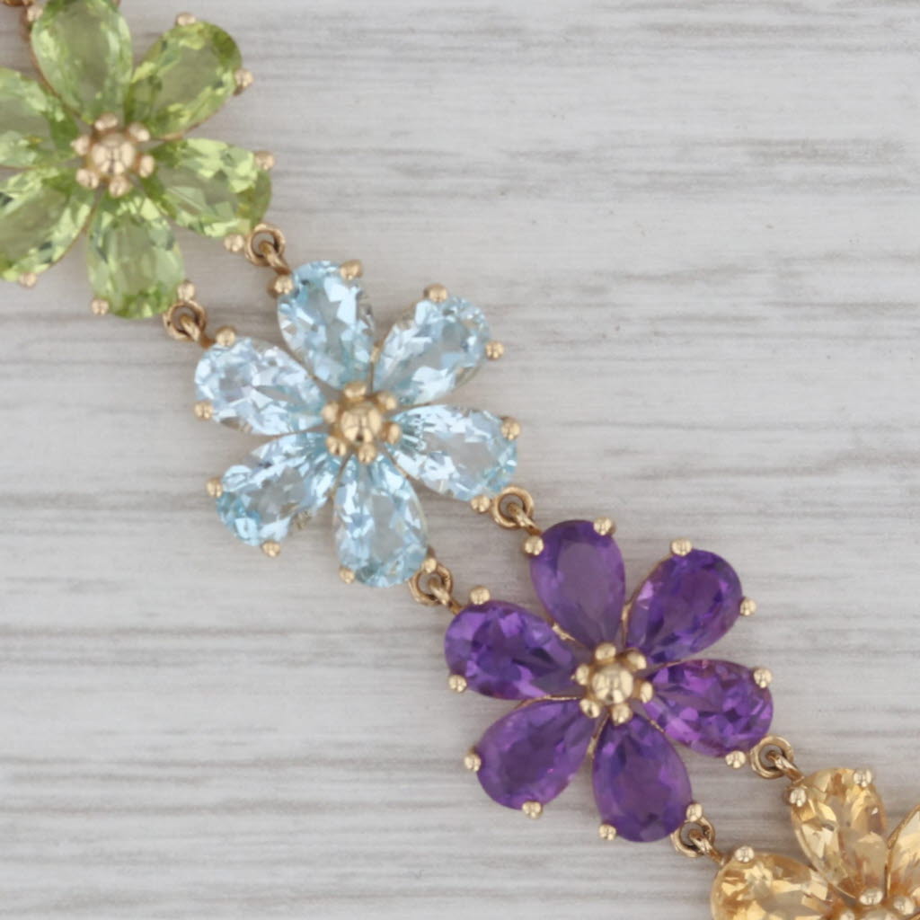 Gray 28.20ctw Gemstone Flower Bracelet 10k Gold 7" Garnet Amethyst peridot Aquamarine