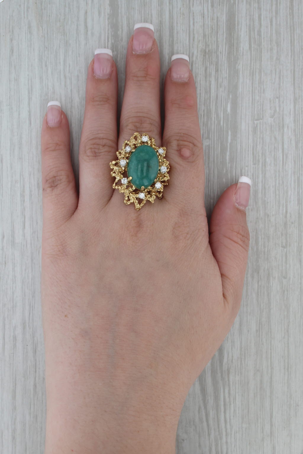 Green Jadeite Jade Cabochon Diamond Cocktail Ring 18k Yellow Gold Size 8.5