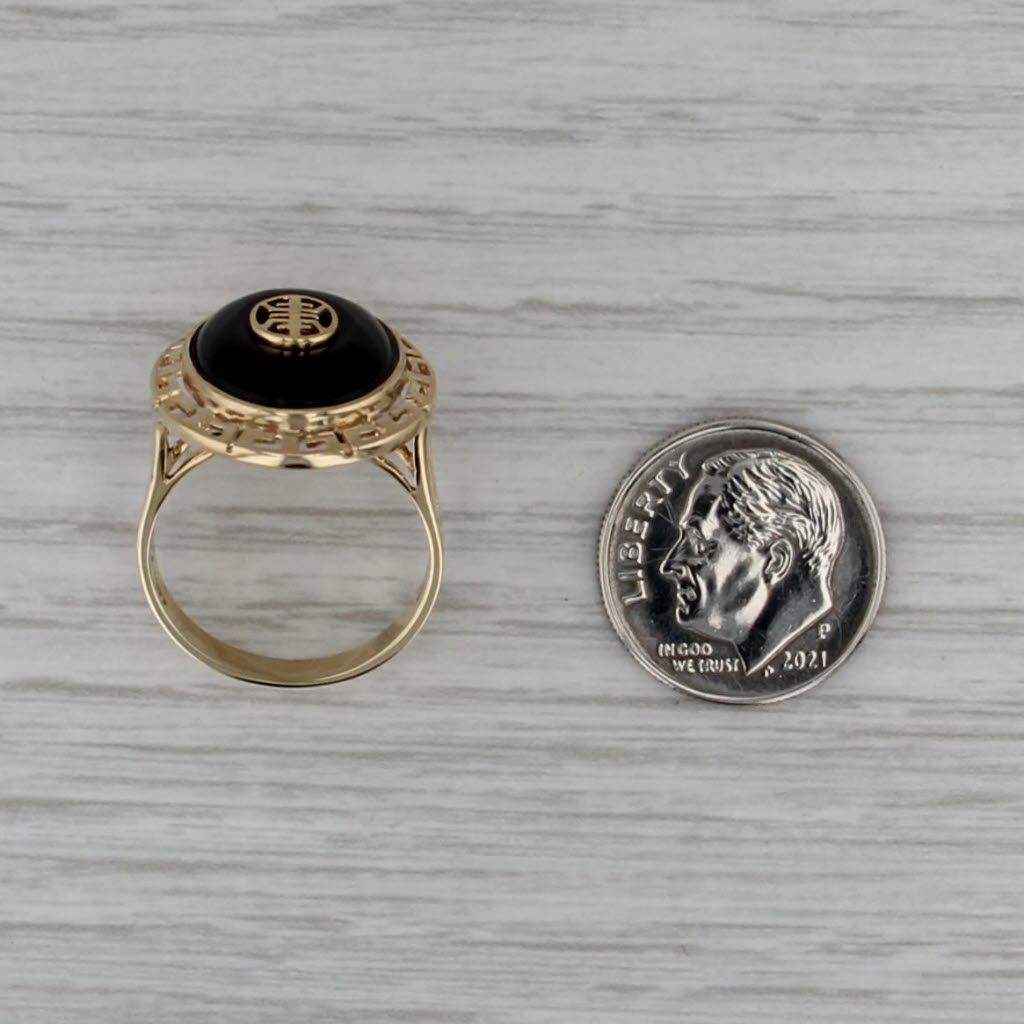 Longevity Shou Chinese Character Onyx Cabochon Ring 14k Yellow Gold Size 6.25