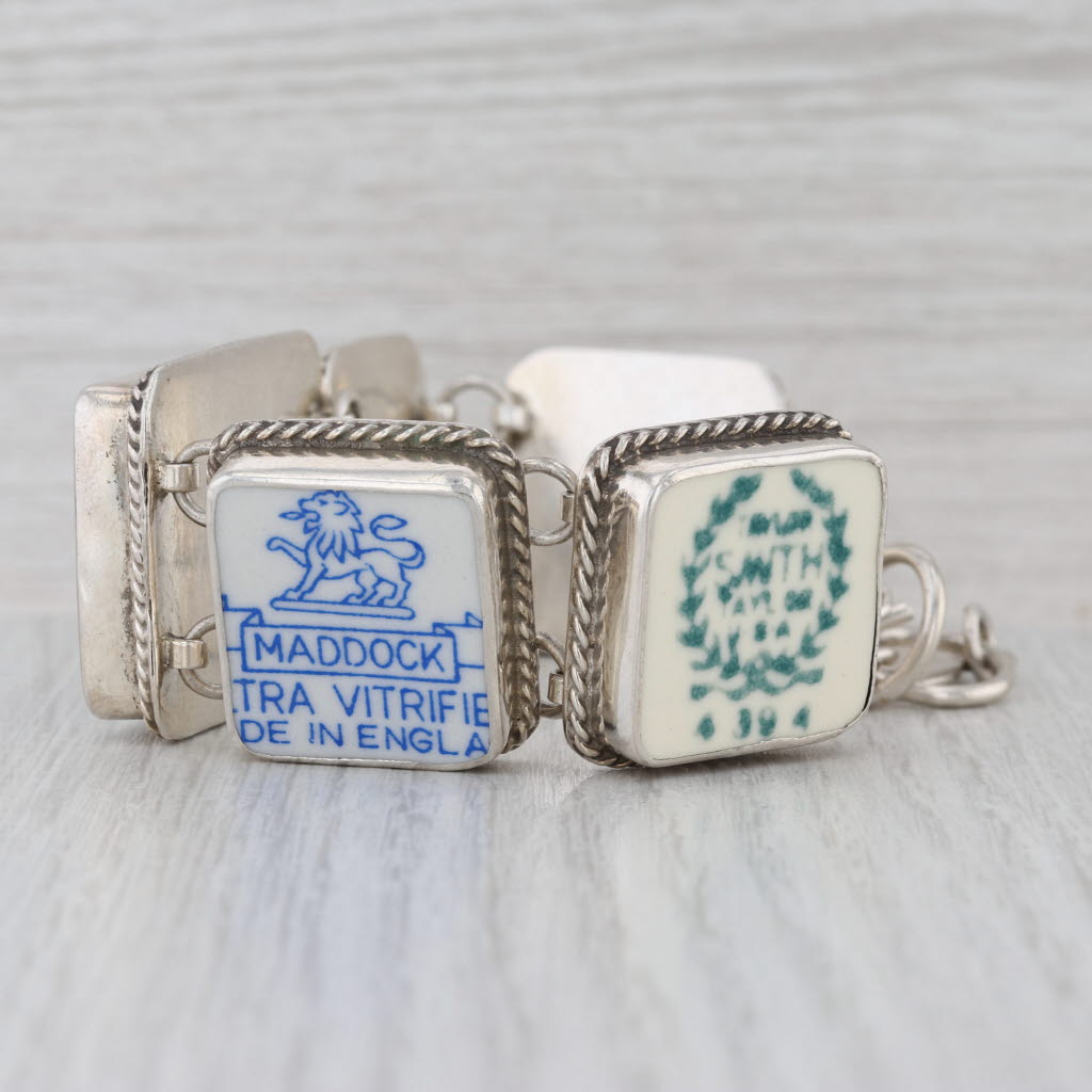 Jacqueline Smiley Ceramic Panel Bracelet Sterling Silver 7.25-8.25" Statment