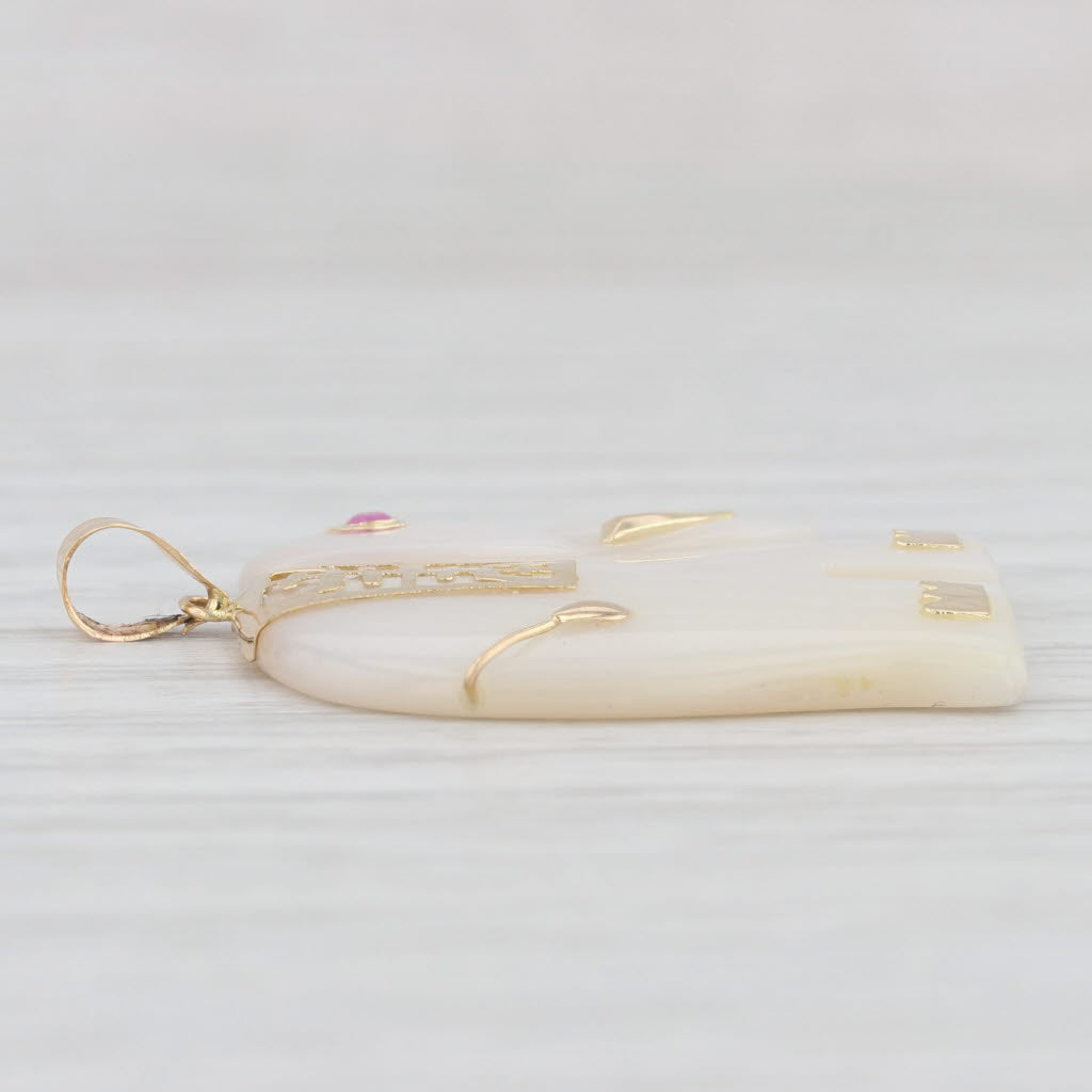Light Gray Mother of Pearl Elephant Pendant 14k Yellow Gold Chinese Calligraphy Good Luck
