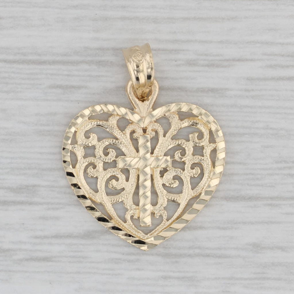 Gray Ornate Heart Cross Pendant 14k Yellow Gold