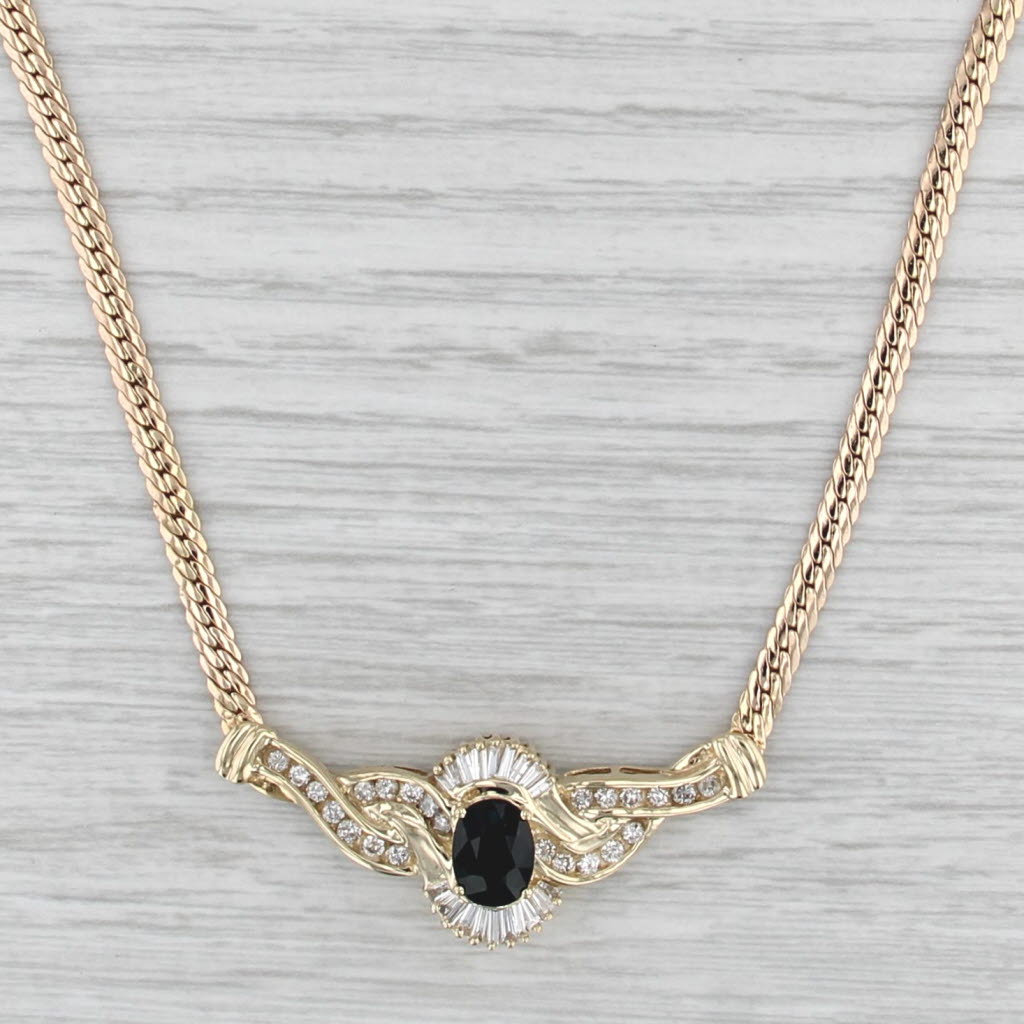 1.93ctw Blue Sapphire Diamond Necklace 14k Yellow Gold 17.75" Flat Curb Chain