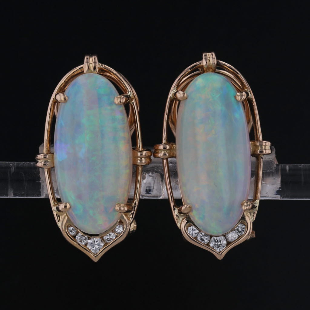 Opal Cabochon Diamond Earrings 14k Yellow Gold Omega Backs
